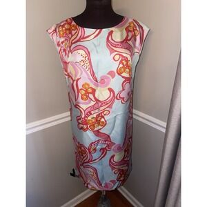 J McLaughlin 100% Silk Satin Colorful Shift Pullover Dress Sz M Island Vacation